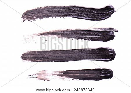 Set Of Black Strokes Of Mascara On A White Background. Texture Of Black Mascara For Eyelashes Isolat