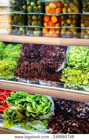 Colourful Mix Of Different Red, Orange, Yellow, Green Fresh And Canned Vegetables And Greens At The 