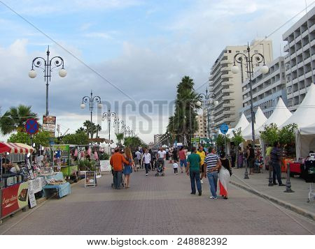 Larnaca, Cyprus - Jun 7, 2014 Finikoudes Panorama Promenade