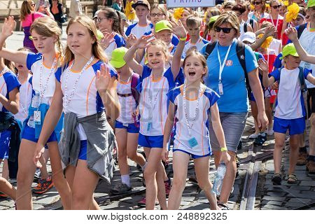 Prague, Czech Republic - July 1, 2018: Children Parading At Sokolsky Slet, A Once-every-six-years Ga