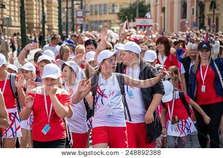 Prague, Czech Republic - July 1, 2018: Children Parading At Sokolsky Slet, A Once-every-six-years Ga