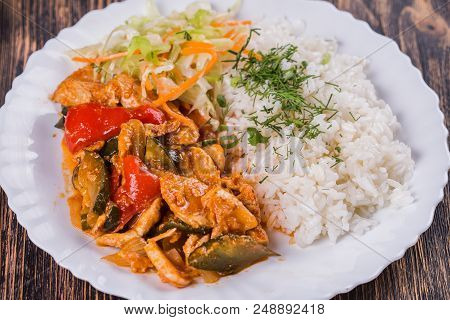 Food Cuisine Rice With Chicken. Chinese Or Thai Rice Topped With Chiken