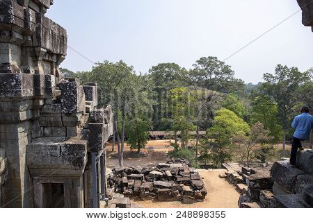 Siem Reap, Cambodia - 26 March 2018: Pre Rup Temple View With Security Guard Silhouette. Angkor Wat 