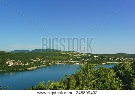 Top View Of Beautiful Lake Abrau And A Village Of Abrau-durso Novorossiysk City District