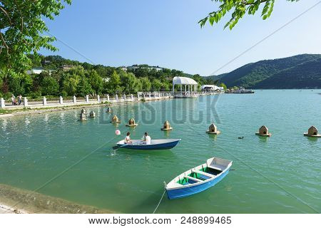 Russia, Krasnodar Region, Novorossiysk, Abrau-durso Village-june 12, 2018: Rowing On A Picturesque M