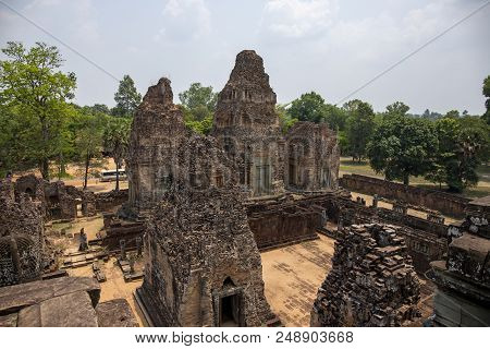 Landscape With Ancient Temple In Angkor Wat Complex, Cambodia. Pre Rup Temple View From Above. Khmer
