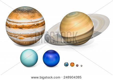Planets Of The Solar System. Jupiter, Saturn, Uranus, Neptuno, Earth, Venus, Mars, Mercury. 3d Rende