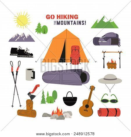 Hiking Equipment Icon Set. Go On A Hike Slogan. Time Hiking The Mountains Design Element Collection 