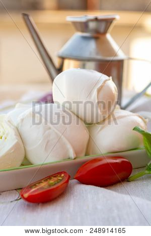 Fresh Soft Italian White Cheese Mozzarella Buffalo, Original From Campania, Paestrum And Foggia Regi