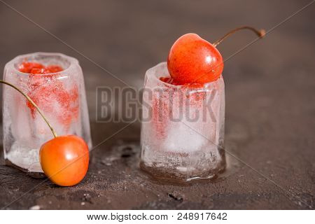 Fresh Cherry Cocktail. Fresh Summer Cocktail With Cherry And Ice Cubes. Glass Of Cherry Soda Drink O