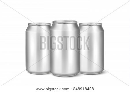 Three Vector Realistic 3d Empty Glossy Metal Silver Aluminium Beer Pack Or Can Visual 330ml. Can Be 