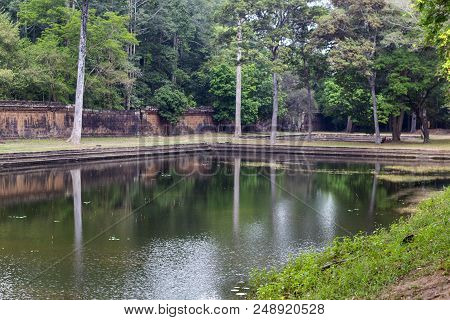 Pond In Angkor Thom Park, Angkor Wat Complex, Cambodia. Green Park Lake Of Angkor Thom Internal Yard