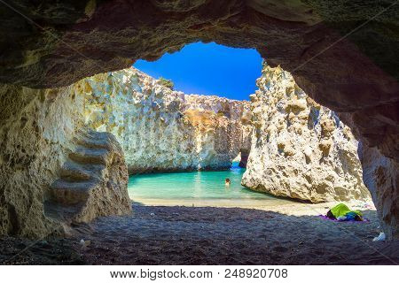 Cave Of Papafragas In Milos Island, Cyclades Greece