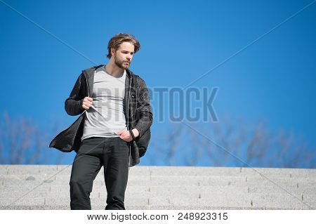 One More Step. Man Handsome Guy Enjoy Morning Walk Blue Sky Background Copy Space. Morning Fill Ener