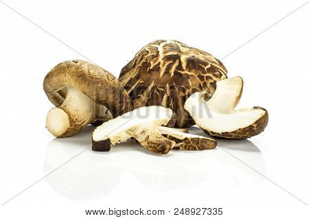 Group Of Two Whole One Half Two Slices Of Fresh Raw Brown Shiitake Mushroom Isolated On White