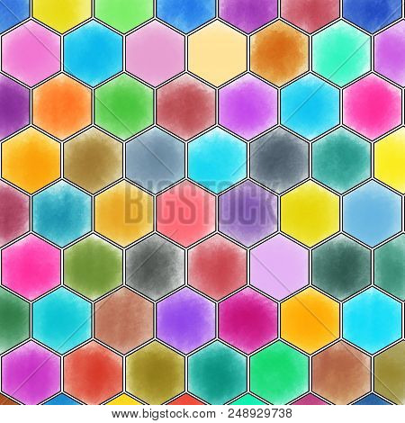 Watercolor Painting Hexagon Shaped Colorful Abstract Texture.
