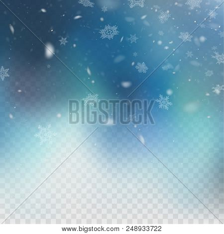 Stock Vector Illustration Realistic Falling Snow. Snowflakes, Snowfall, Winter, Overlay. Transparent