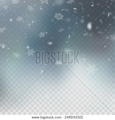 Stock Vector Illustration Realistic Falling Snow. Snowflakes, Snowfall, Winter, Overlay. Transparent