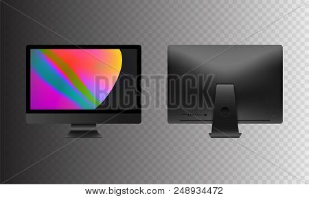 Stock Vector Illustration Realistic Set Personal Professional Desktop Computer. Modern Flat Screen M