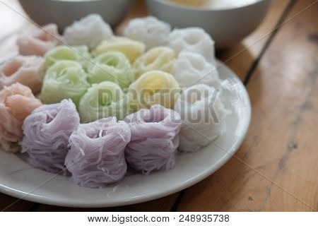 Thai Vermicelli With Natural Herbal Color. Rice Noodle & Curry Soup