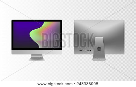 Stock Vector Illustration Realistic Set Personal Desktop Computer, Pc. Modern Flat Screen Monitor. B