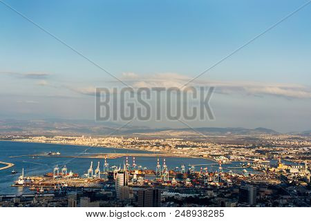Aerial View Industrial Cargo Port With Ships And Cranes, Industrial District