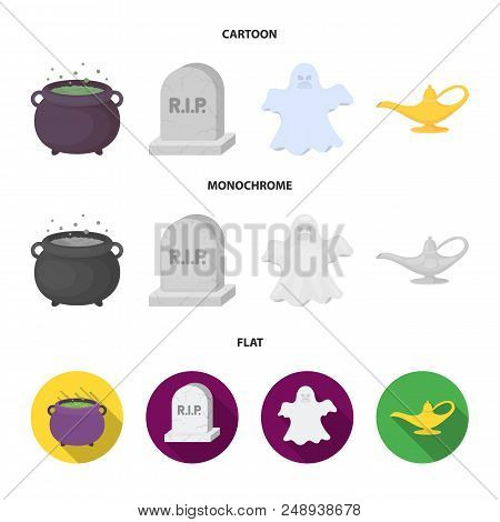 A Witch Cauldron, A Tombstone, A Ghost, A Gin Lamp.black And White Magic Set Collection Icons In Car