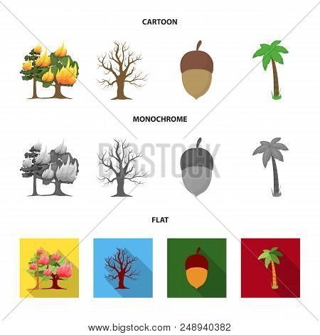 Burning Tree, Palm, Acorn, Dry Tree.forest Set Collection Icons In Cartoon, Flat, Monochrome Style V
