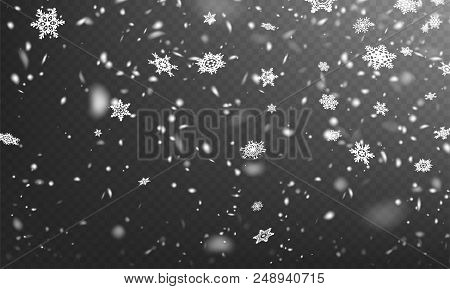 Stock Vector Illustration Realistic Defocused Falling Snow. Snowflakes, Snowfall. Transparent Backgr