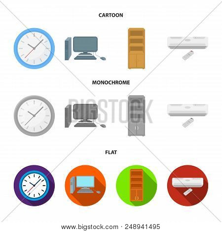 Clock With Arrows, A Computer With Accessories For Work In The Office, A Cabinet For Storing Busines
