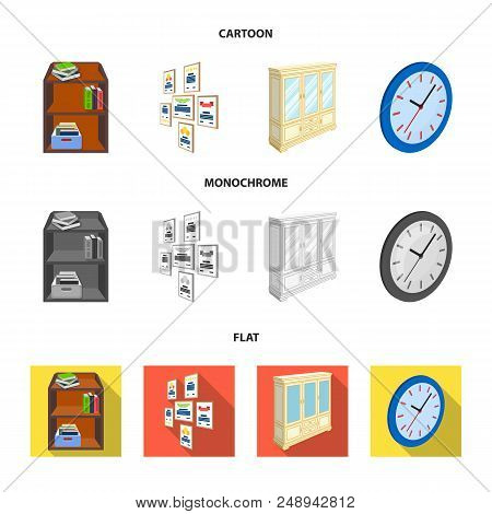 Cabinet, Shelving With Books And Documents, Frames On The Wall, Round Clocks. Office Interior Set Co