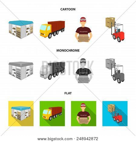Truck, Courier For Delivery Of Pizza, Forklift, Storage Room. Logistics And Delivery Set Collection 