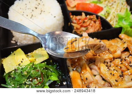 Traditional Japan Cuisine, Silver Spoon With Teriyaki Chicken Rice, Salad, Tamagoyaki Or Rolled Omel
