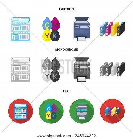 Calendar, Drops Of Paint, Cartridge, Multifunction Printer. Typography Set Collection Icons In Carto