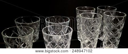 Kitchen Utensil, Collection Of Transparent Empty Vintage Crystal Glass Stemware Used To Set A Table 