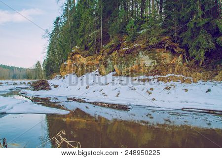 Red Cliffs In Winter At Latvia.
