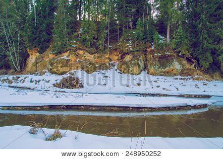 Red Cliffs In Winter At Latvia.