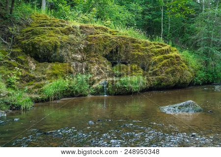 Waterfall Raunas Staburags At Latvia, City Rauna.  River And Green Grass.