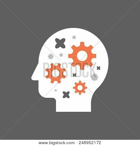 Side View Head Full Of Cogwheels, Brain Work Gear, Cognitive Skill, Technology People, Artificial In