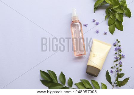 Natural Cosmetic For Skin Face Sunscreen Spf50 And Water Spray Face Of Lifestyle Woman Relax Summer