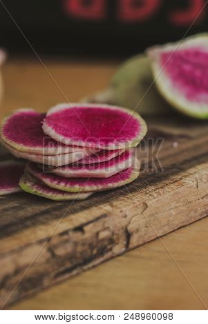 Freshly Harvested Organic Watermelon Radish On Wooden Background