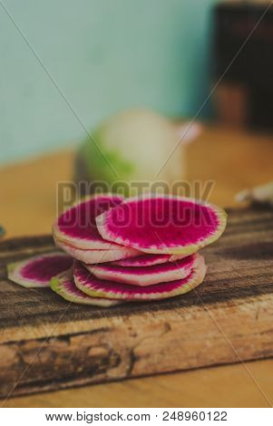 Freshly Harvested Organic Watermelon Radish On Wooden Background