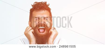 Depressed Angry Hipster Bearded Man Yelling And Screaming. Screaming Bearded Brutal Man And Looking