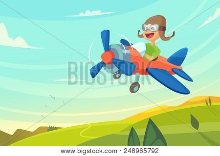 Boy Flying In Airplane. Funny Cartoon Illustration. Airplane Flying, Pilot Cheerful Vector
