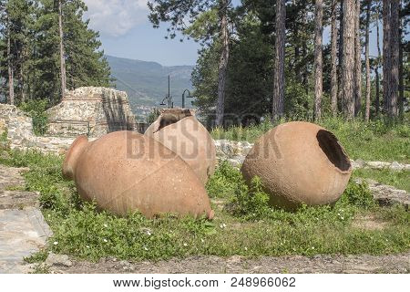Ancient Giant Clay Waterpots  In Front Of Roman Fortress In The Park Hissarluka Near Kyustendil, Bul