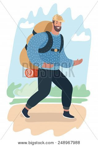 Vector Cartoon Illustration Of Man Travel With Backpack. Modern Human Character Walk At Nature Lands
