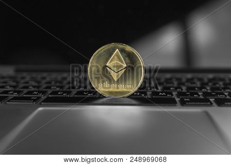 Ethereum Coin Symbol On Laptop, Future Concept Financial Currency, Crypto Currency Sign. Blockchain 