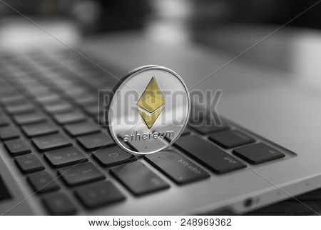 Ethereum Coin Symbol On Laptop, Future Concept Financial Currency, Crypto Currency Sign. Blockchain 