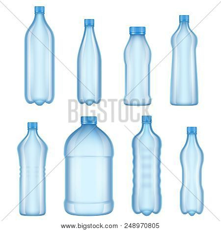 Plastic Bottles For Water. Realistic Vector Pictures Of Various Types Transparent Bottles. Illustrat