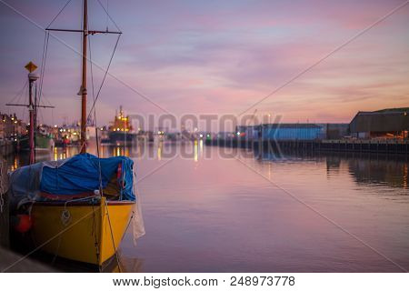 Harbour Lights. Soft Landscape Image Of River Port Quay At Dusk. Tranquil Harbor Scene Of Quayside B